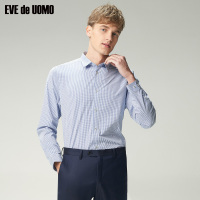 依文男士夏季长袖衬衫小格纹商务正装小方格字母长袖衬衣EC570580