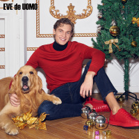 依文毛衣男红色条纹提花100%羊毛秋冬新款毛衣潮