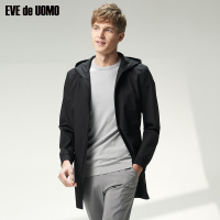 依文男款风衣春季新款休闲中长款黑色连帽外套 潮流