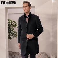 依文商务羊毛呢子大衣毛领外套男 藏蓝立领中长款外套