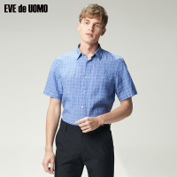 依文男士短袖衬衫商务正装蓝色修身亚麻大格子半袖衬衣ED680091