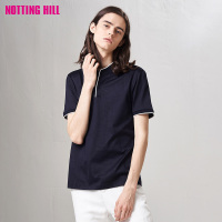 诺丁山夏新款短袖T恤时尚立领卷边藏蓝色半袖体恤衫NF681052