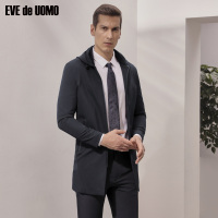 依文男装商务连帽风衣男 修身工装风衣中长款