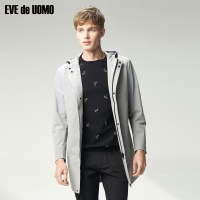 依文男士风衣时尚中长款连帽风衣外套浅色风衣男英伦风潮