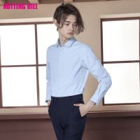 诺丁山秋季蓝色暗格纹衬衫男长袖 商务休闲修身衬衣NC770160