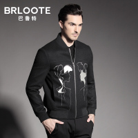 Brloote/巴鲁特刺绣羊毛呢夹克男修身时尚潮流休闲呢子外套 冬装 黑色