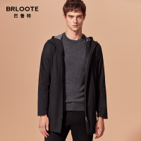 Brloote/巴鲁特风衣男 时尚休闲中长款纯色宽松连帽外套 春秋装 黑色