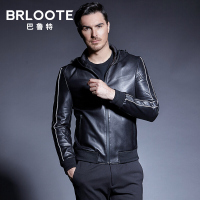 Brloote/巴鲁特 男士绵羊皮皮衣男真皮夹克秋冬时尚连帽外套 黑色