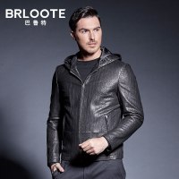 Brloote/巴鲁特轻奢男装 真皮皮衣男短款连帽青年皮夹克外套秋冬装 黑色