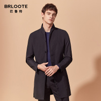Brloote/巴鲁特风衣男2019秋季商务休闲中长款可翻立领防风外套 黑色
