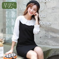芊艺小清新连衣裙女2019秋季新款韩版显瘦波点假两件裙子娃娃领a字裙10471