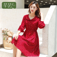 芊艺灯笼袖复古波点连衣裙女秋装2019新款韩版收腰显瘦气质中长裙10748