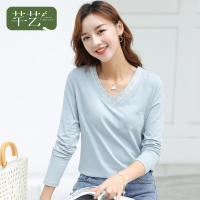 芊艺纯色v领长袖t恤女2019秋季新款韩版显瘦简约打底衫ins上衣10338