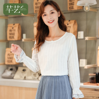 芊艺白色荷叶袖衬衫女2019秋装新款韩版显瘦文艺衬衣简约小清新上衣10407