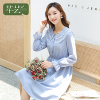 芊艺小清新长袖连衣裙女秋装2019新款韩版收腰显瘦甜美娃娃领中长裙10728