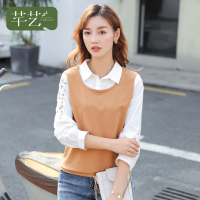 芊艺小清新假两件卫衣女秋装2019新款韩版显瘦时尚绣花长袖上衣10762