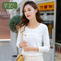 芊艺白色长袖t恤女打底衫秋装2019新款韩版显瘦绣花套头上衣10296