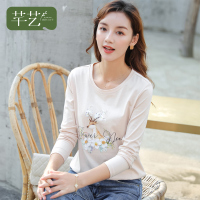 芊艺套头长袖t恤女秋季2019新款韩版显瘦打底衫时尚印花体恤上衣10310