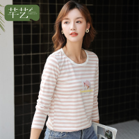 芊艺小清新条纹t恤女2019秋装新款韩版原宿风印花上衣打底衫10354