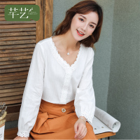 芊艺小清新长袖衬衫女秋季新款韩版显瘦淑女v领白色衬衣上衣10386