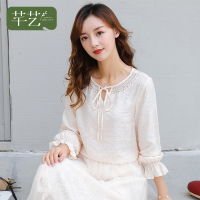 芊艺淑女荷叶袖长袖衬衫女2019秋季新款韩版圆领小清新上衣10405