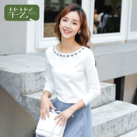 芊艺白色圆领长袖t恤女秋装2019新款韩版显瘦绣花套头打底衫10335
