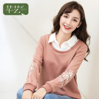 芊艺套头假两件卫衣女秋装2019新款韩版显瘦polo领绣花百搭上衣10670