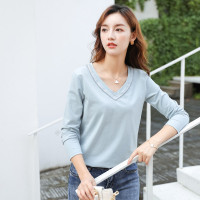 芊艺v领长袖t恤女秋装2019新款韩版显瘦纯色打底衫上衣10347