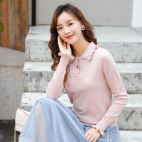 芊艺小清新polo领长袖毛衣女秋装2019新款显瘦木耳边套头打底衫50163