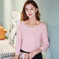 芊艺2019秋季新款九分袖圆领t恤女韩版宽松小清新绣花百搭上衣10857