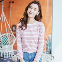 芊艺2019秋季新款甜美条纹长袖t恤女圆领套头显瘦百搭打底上衣10861