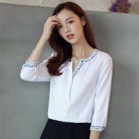 芊艺气质白色v领衬衫女2019秋季新款显瘦套头七分袖衬衣10850