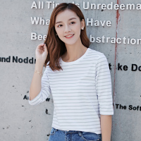 芊艺圆领条纹中袖t恤女秋季2019新款原宿风套头显瘦上衣10848