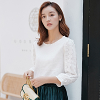 芊艺气质淑女九分袖衬衫女秋季2019新款圆领显瘦拼接上衣10853