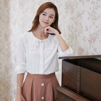 芊艺港味复古长袖衬衫女秋季2019新款显瘦娃娃领上衣10496