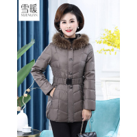 雪暖2019品牌秋冬新款大码中老年妈妈装貉子毛领羽绒服中长款外套