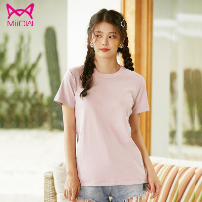猫人(MiiOW)女士短袖T恤2020年夏季粉紫短款圆领打底衫纯棉短袖百搭