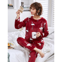 蓝旗冬季加厚加绒睡衣女士冬款圆领可爱法兰绒暗红火烈鸟家居服套装