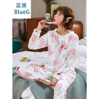 蓝旗冬季加厚加绒睡衣女士冬款圆领可爱法兰绒白底火烈鸟家居服套装