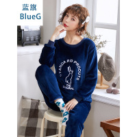 蓝旗冬季加厚加绒睡衣女士冬款圆领可爱法兰绒藏青兔子 圆领家居服套装