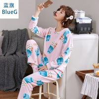 蓝旗秋冬季加厚加绒睡衣女士秋冬款圆领可爱法兰绒粉底帽子家居服套装