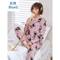 蓝旗冬季加厚加绒睡衣女士冬款圆领可爱法兰绒粉底兔子家居服套装