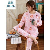 蓝旗冬季加厚加绒睡衣女士冬款圆领可爱法兰绒粉底小熊家居服套装