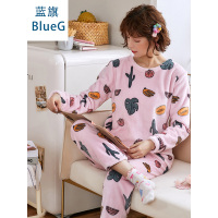 蓝旗冬季加厚加绒睡衣女士冬款圆领可爱法兰绒粉色水果家居服套装