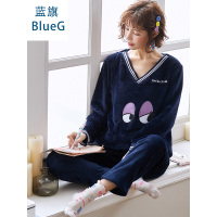 蓝旗冬季加厚加绒睡衣女士冬款圆领可爱法兰绒黑色眼睛V领家居服套装