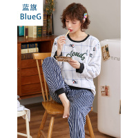 蓝旗冬季加厚加绒睡衣女士冬款圆领可爱法兰绒蓝条纹撞色家居服套装
