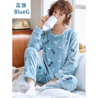 蓝旗冬季加厚加绒睡衣女士冬款圆领可爱法兰绒浅蓝铅笔家居服套装