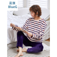 蓝旗冬季加厚加绒睡衣女士冬款圆领可爱法兰绒紫色爱心条纹家居服套装