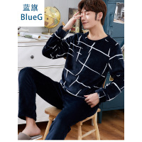 蓝旗冬季加厚加绒睡衣男士冬款圆领可外穿法兰绒藏青白纹家居服套装