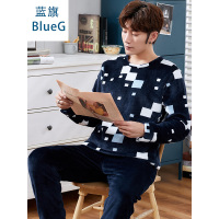 蓝旗冬季加厚加绒睡衣男士冬款圆领可外穿法兰绒藏青方块家居服套装